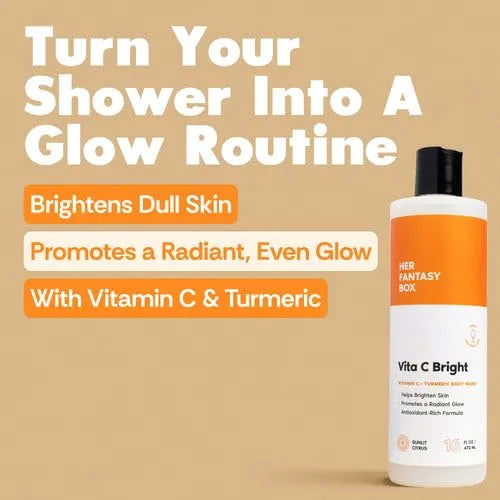 Her Fantasy Box | Vita C Bright Turmeric Body Wash – Antioxidant‐Rich Citrus Cleanser with Vitamin C & Turmeric for Radiant, Even-Looking Skin, Moisturizing Vegan Formula (8 oz)