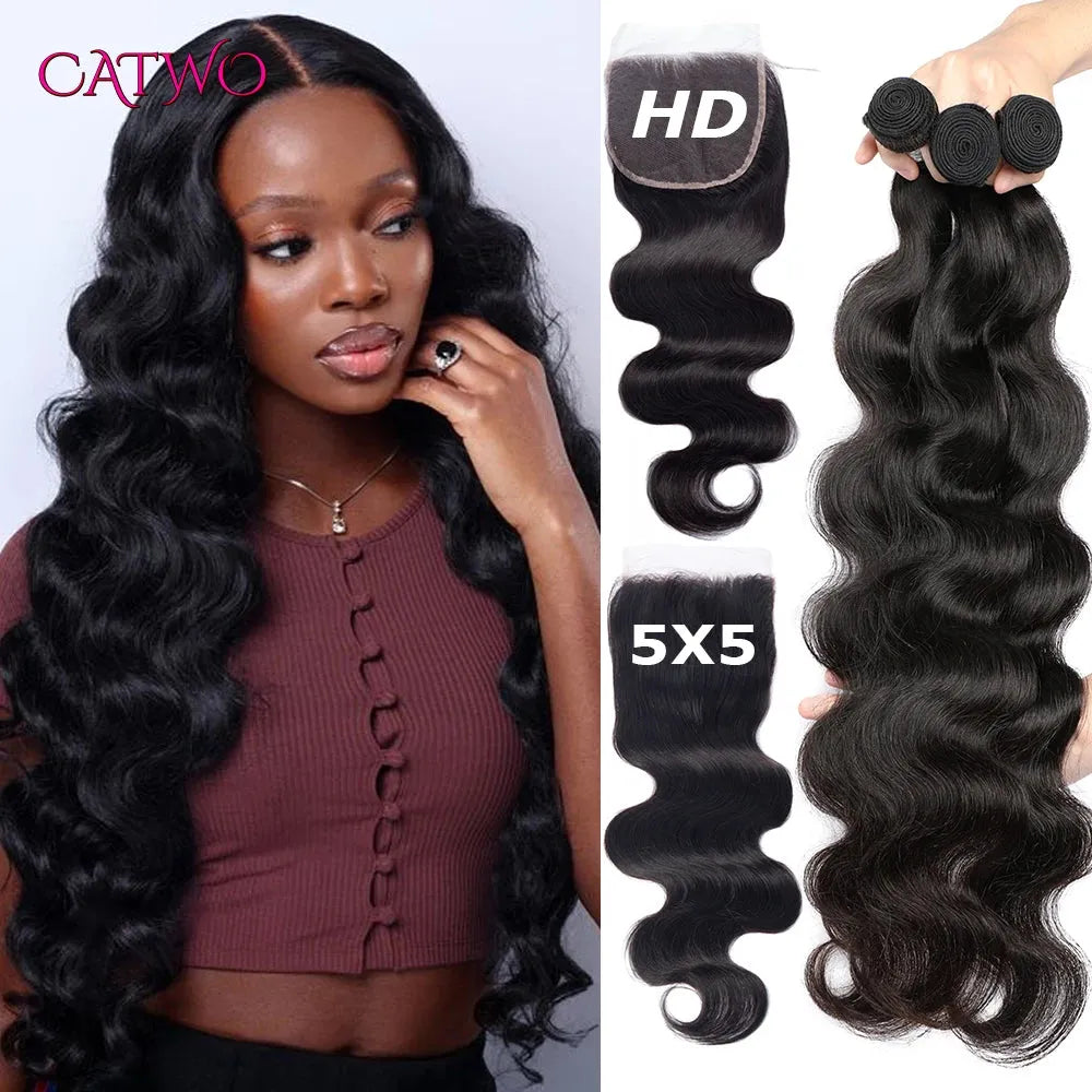 Catwo Body Wave Human Hair Bundles With Hd Closure 5X5 Transparent Lace Closure With Bundles Peruvian 30 Inch Hair Extensions