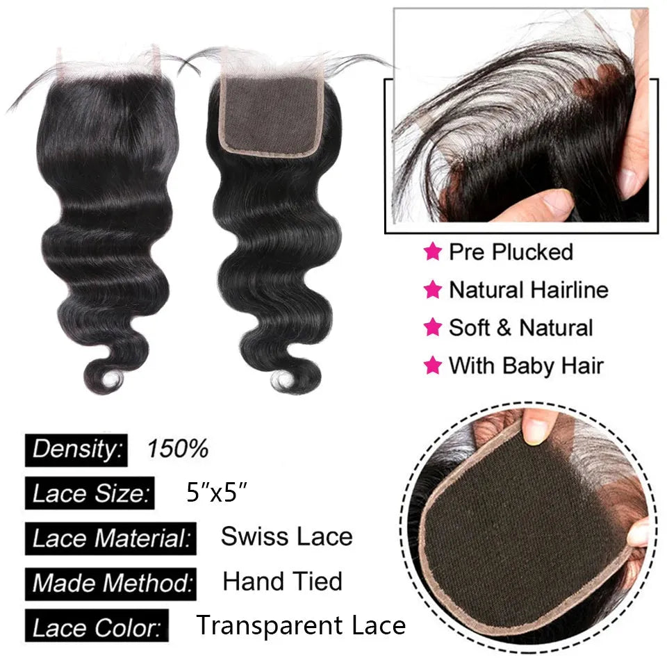 Catwo Body Wave Human Hair Bundles With Hd Closure 5X5 Transparent Lace Closure With Bundles Peruvian 30 Inch Hair Extensions