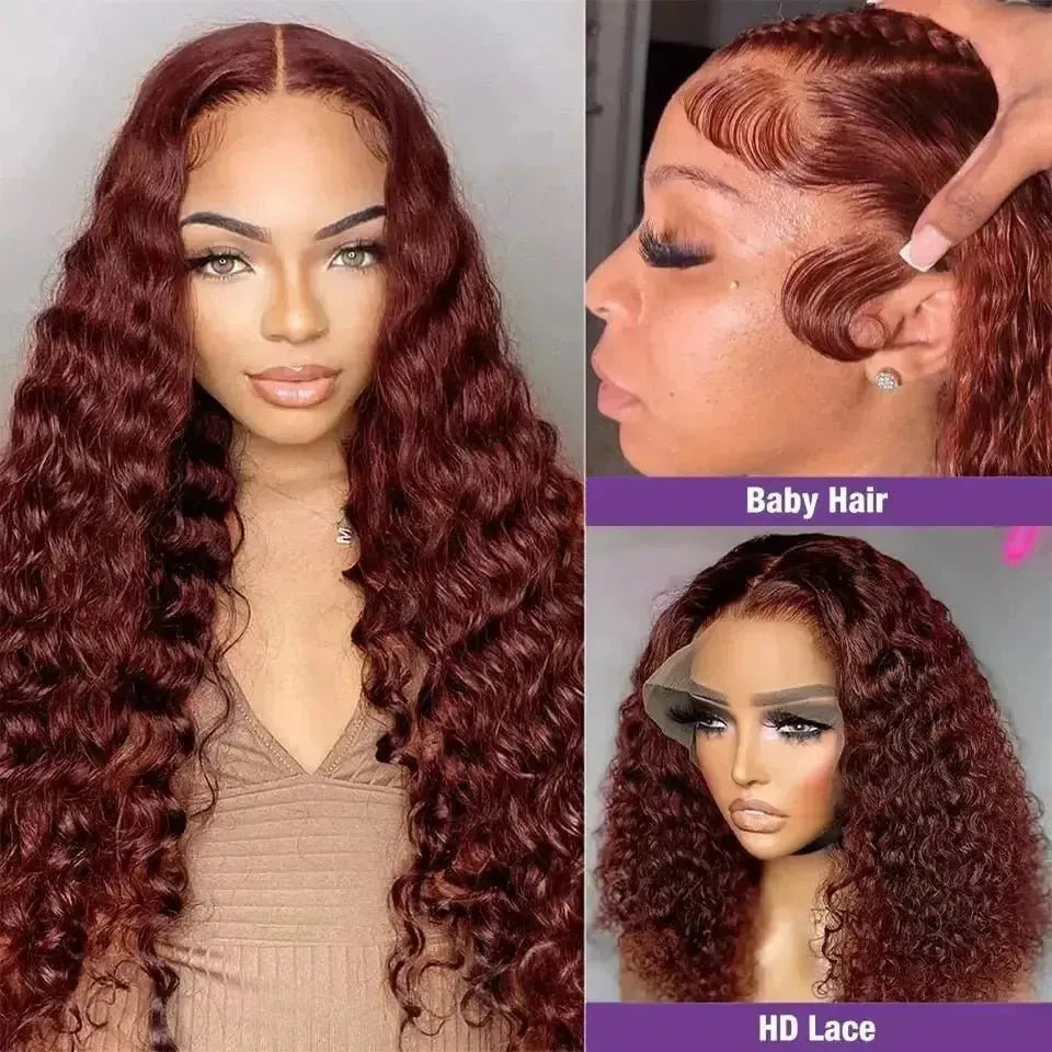 Reddish Brown 13x6 Water Wave Lace Frontal Glueless Wig Copper Red 13X4 Water Wave Human Hair Wigs 5X5 HD Closure Wig PrePlucked - Godiva Oya Bey