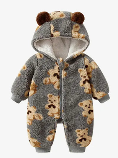 Bear Zip Up Long Sleeve Hooded Jumpsuit