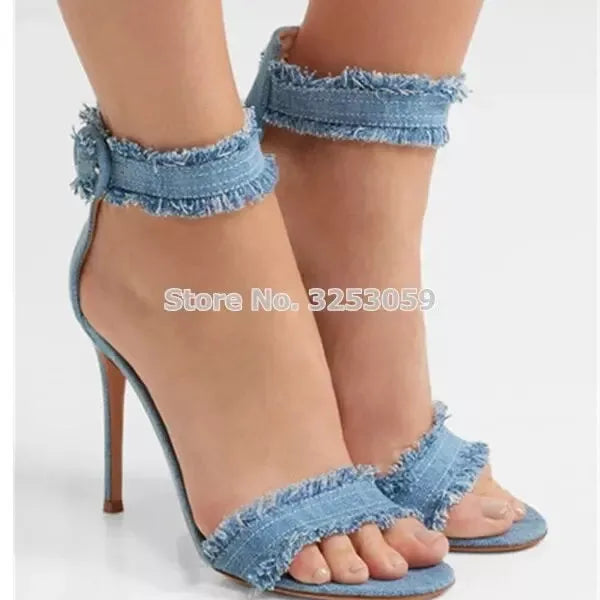 Fashion Blue Jean Women Sandals Thin High Heel Denim Open Toe Retro Pumps Ankle Buckle Single Strap Shoes Hot Selling Footwear Godiva Oya Bey
