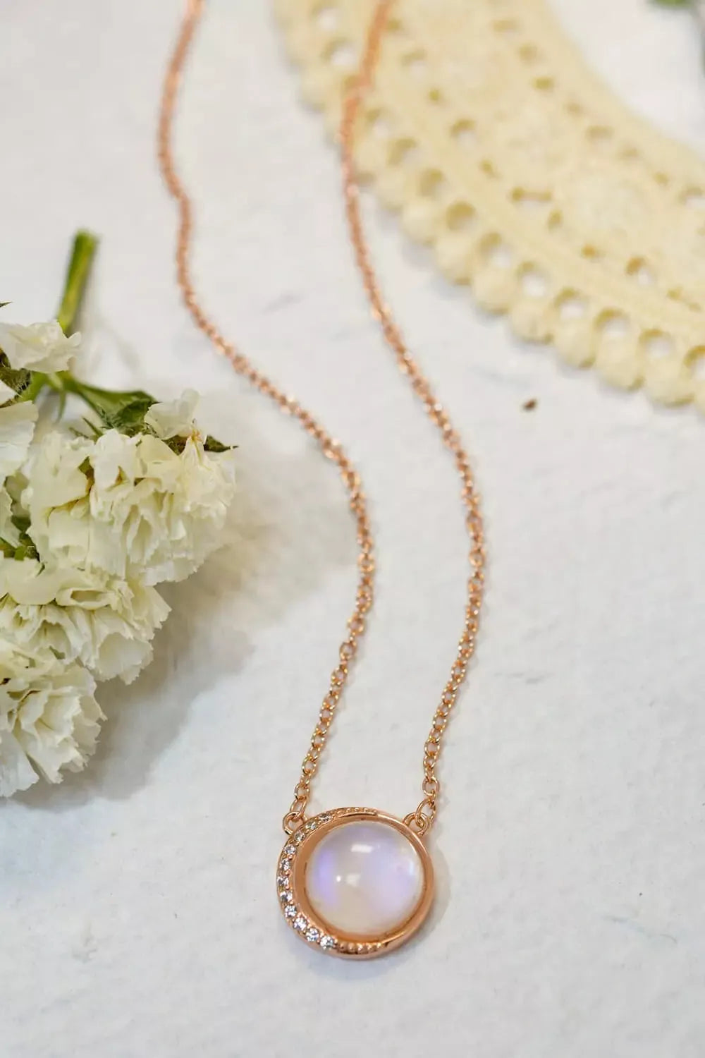 High Quality Natural Moonstone 18K Rose Gold-Plated 925 Sterling Silver Necklace Trendsi