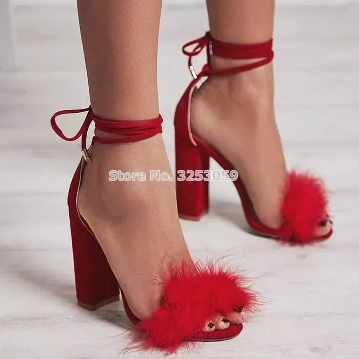 New Design Nude Pink Black Suede Fur Sandals Lace-up Thick High Heels Dress Shoes Strappy Chunky Heel Bridal Shoes Sandals Godiva Oya Bey