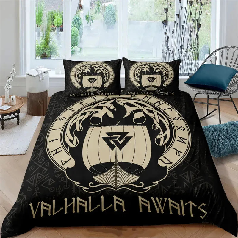 Vegvisir Runes Duvet Cover Set, Viking Symbols Bedding Set Celtic Quilt Cover Microfiber Scandinavian Runes Comforter Cover King