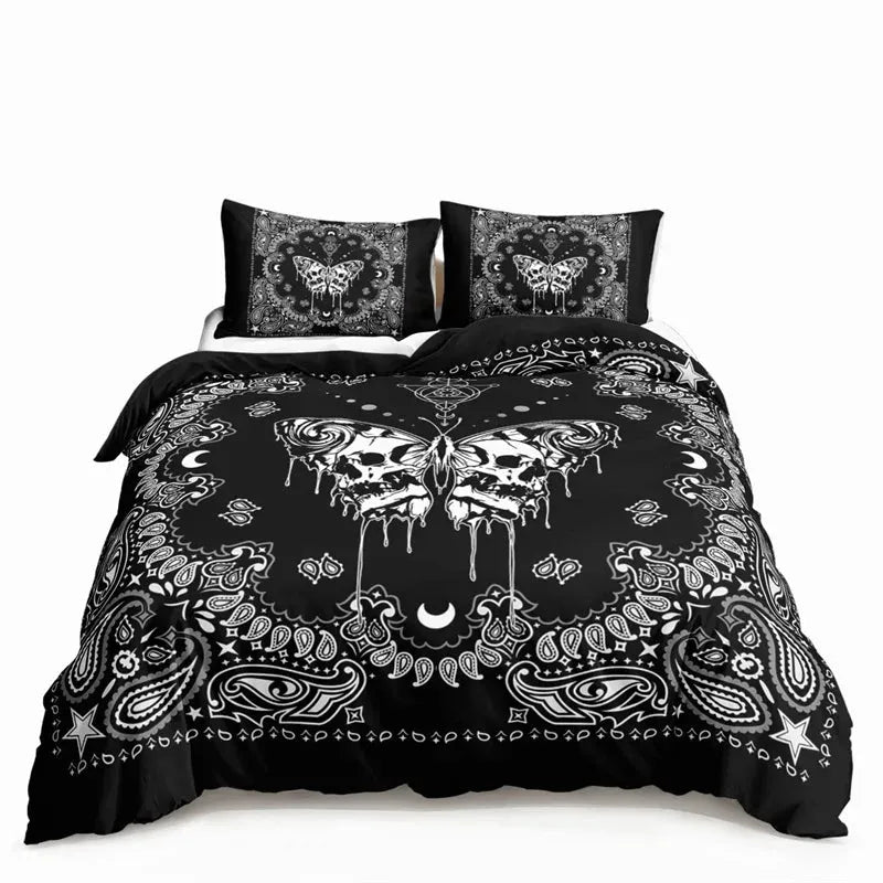 Butterfly And Death Moth Bedding Set For Girls Gothic Skull Boho Comforter Cover Decor Bedroom Sun and Moon Pattern Duvet Cover