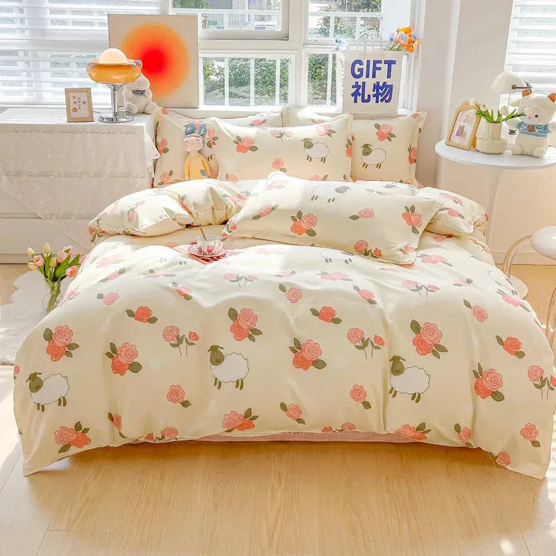 Floral Print Brushed Home Bedding Set Simple Fresh Comfortable Duvet Cover Set with Sheet Comforter Covers Pillowcases Bed Linen