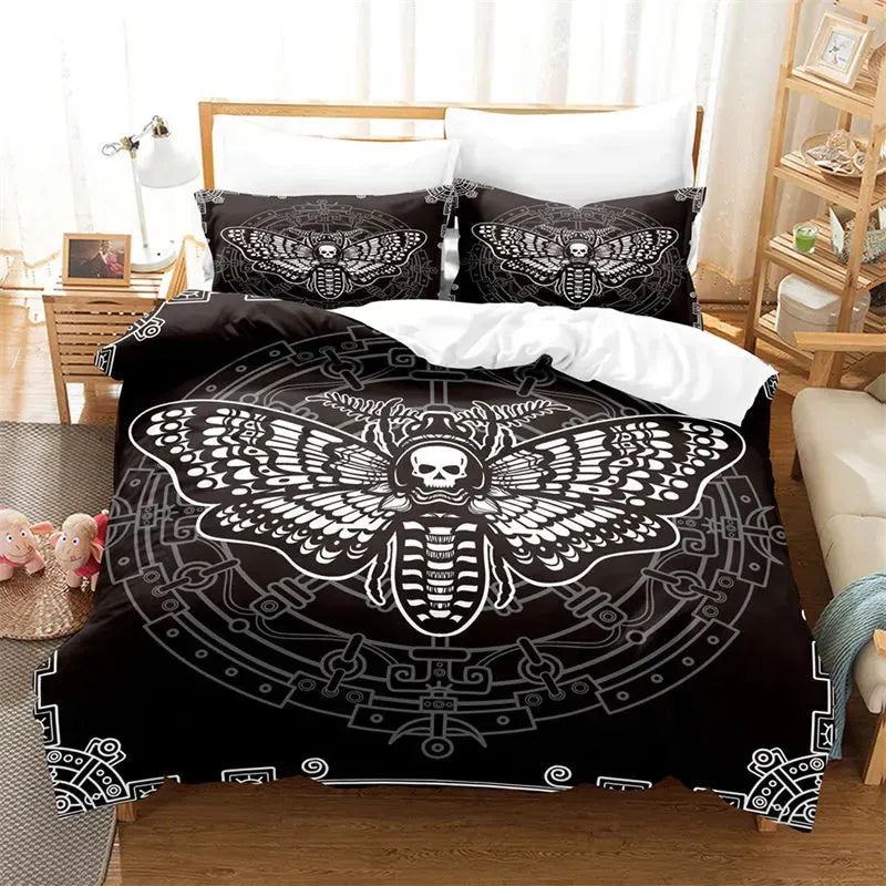 Butterfly And Death Moth Bedding Set For Girls Gothic Skull Boho Comforter Cover Decor Bedroom Sun and Moon Pattern Duvet Cover