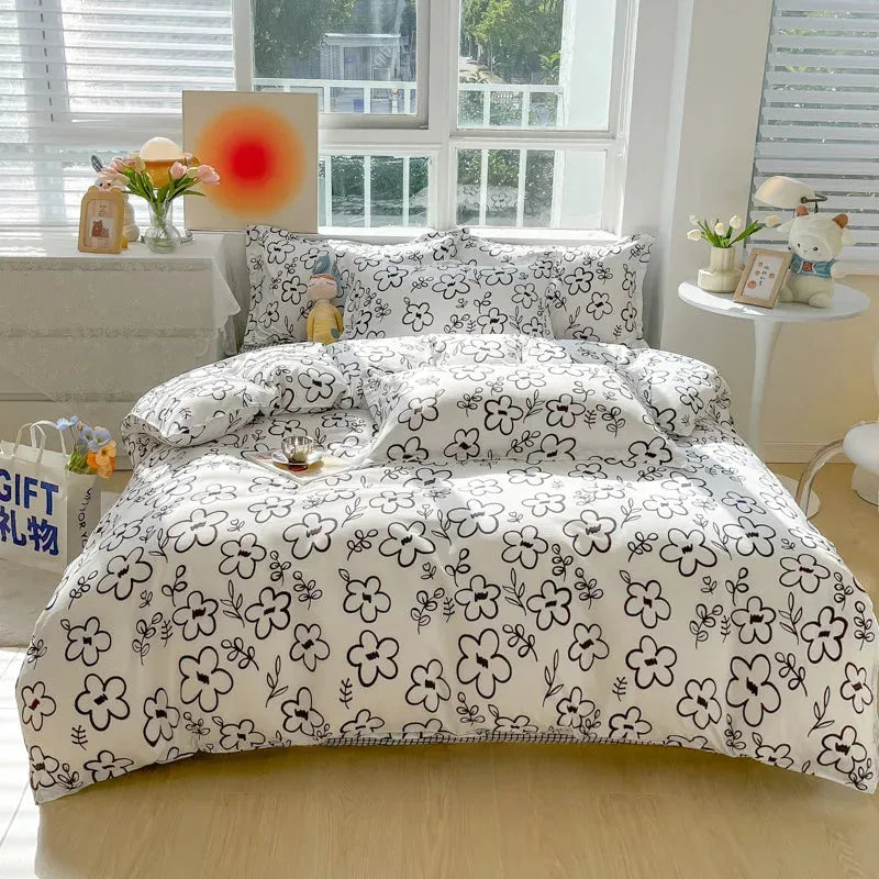 Floral Print Brushed Home Bedding Set Simple Fresh Comfortable Duvet Cover Set with Sheet Comforter Covers Pillowcases Bed Linen