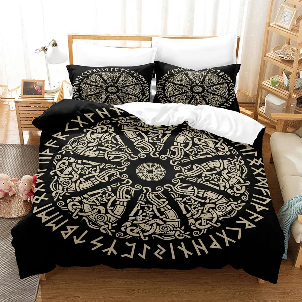 Vegvisir Runes Duvet Cover Set, Viking Symbols Bedding Set Celtic Quilt Cover Microfiber Scandinavian Runes Comforter Cover King