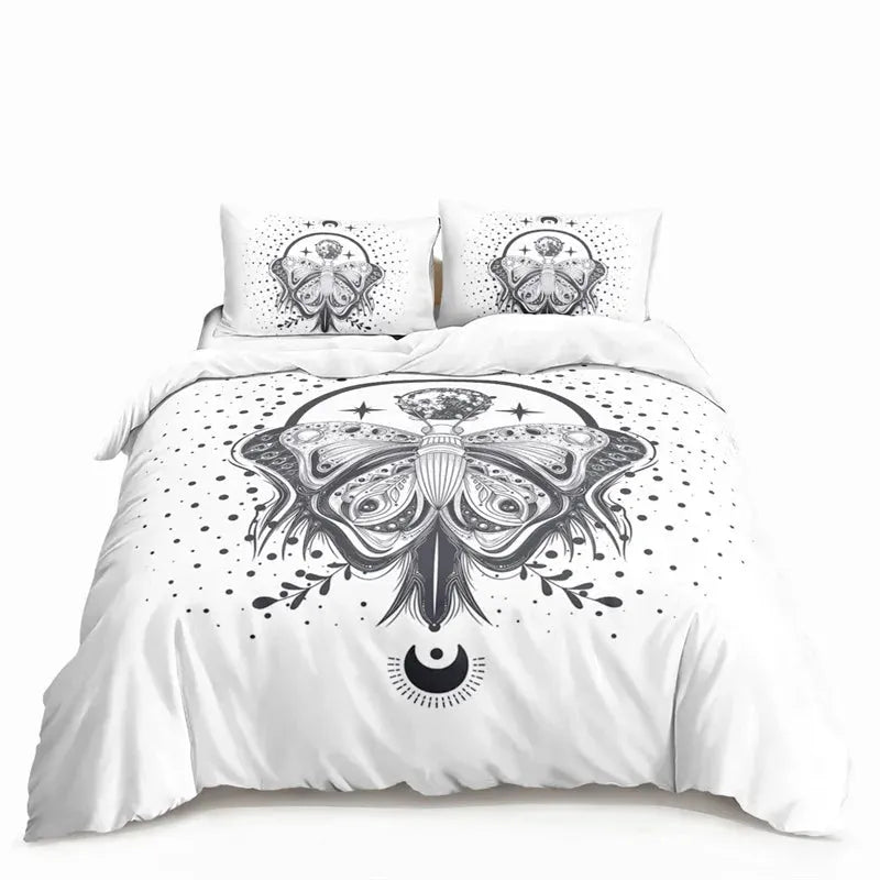 Butterfly And Death Moth Bedding Set For Girls Gothic Skull Boho Comforter Cover Decor Bedroom Sun and Moon Pattern Duvet Cover