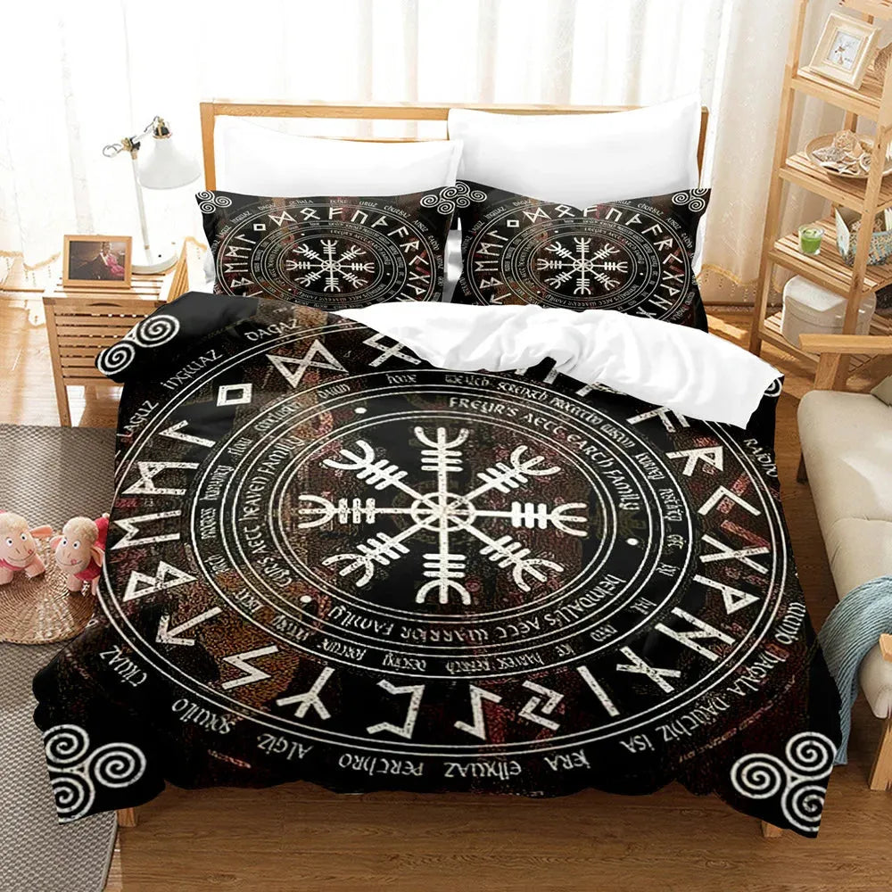Vegvisir Runes Duvet Cover Set, Viking Symbols Bedding Set Celtic Quilt Cover Microfiber Scandinavian Runes Comforter Cover King