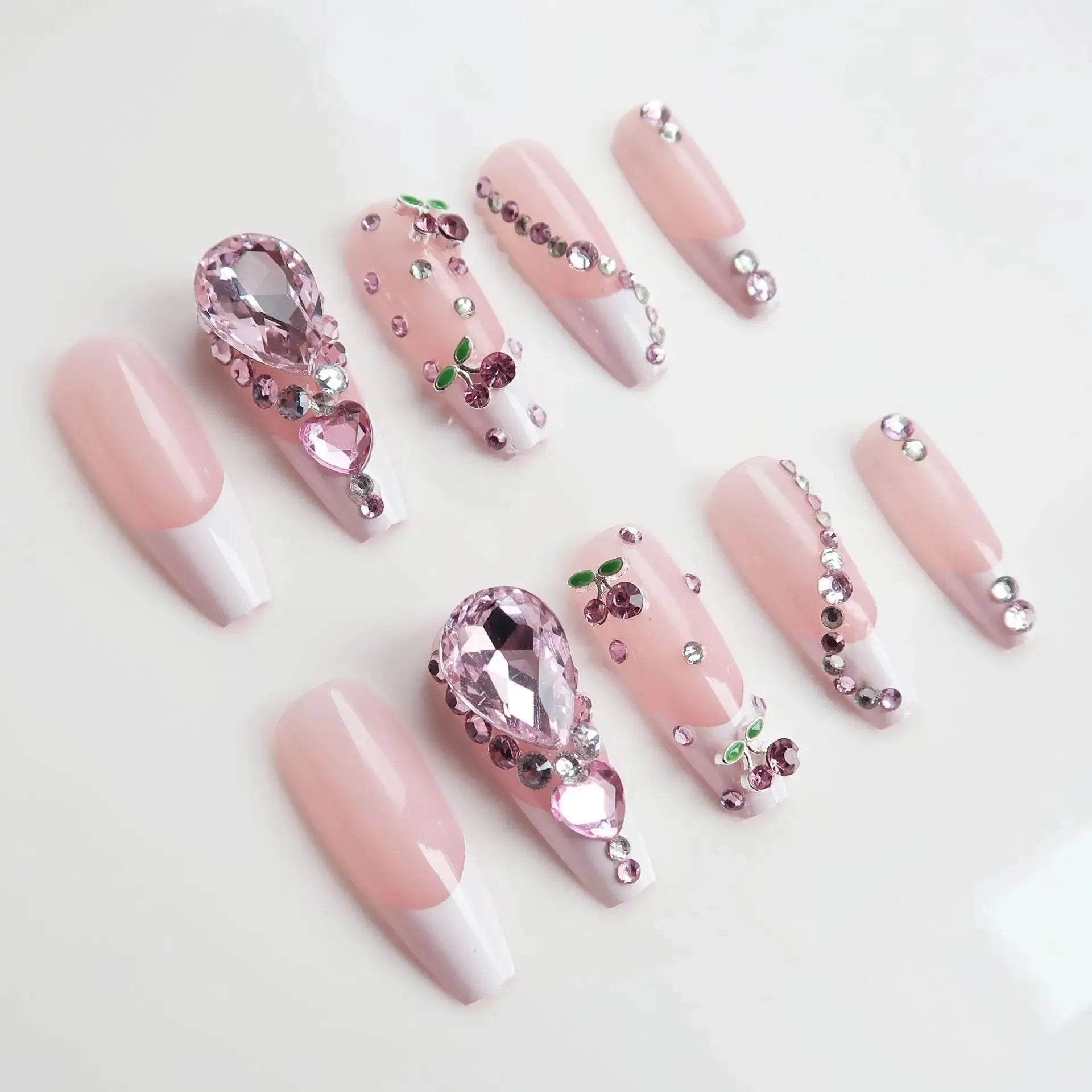 24Pcs Long Coffin Ballet False Nails Rhinestone Decorative Wedding Nail Art Tips Detachable Acrylic Full Cover Press On Nails
