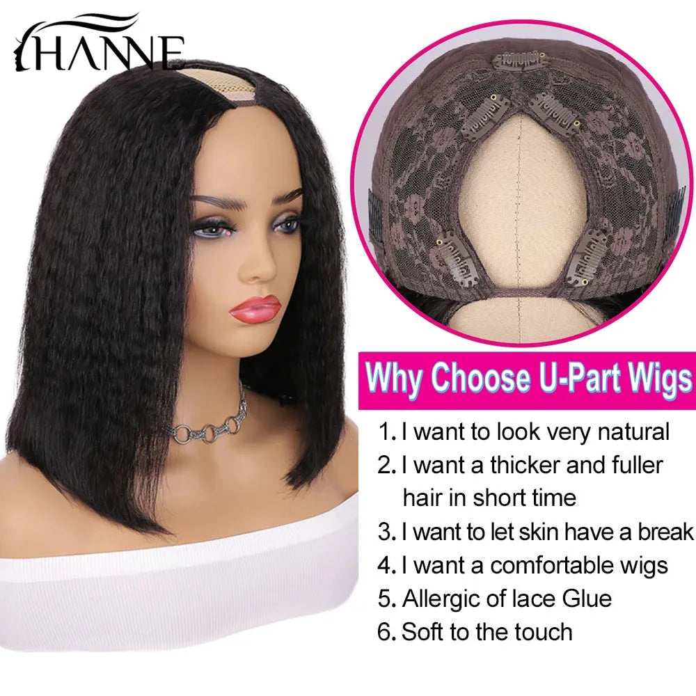 Hanne Short Bob Human Wig Kinky Straight V Part Wig Human Hair Brazilian Bob Hair Wigs Gluless Yaki Straight Bob V U Part Wig
