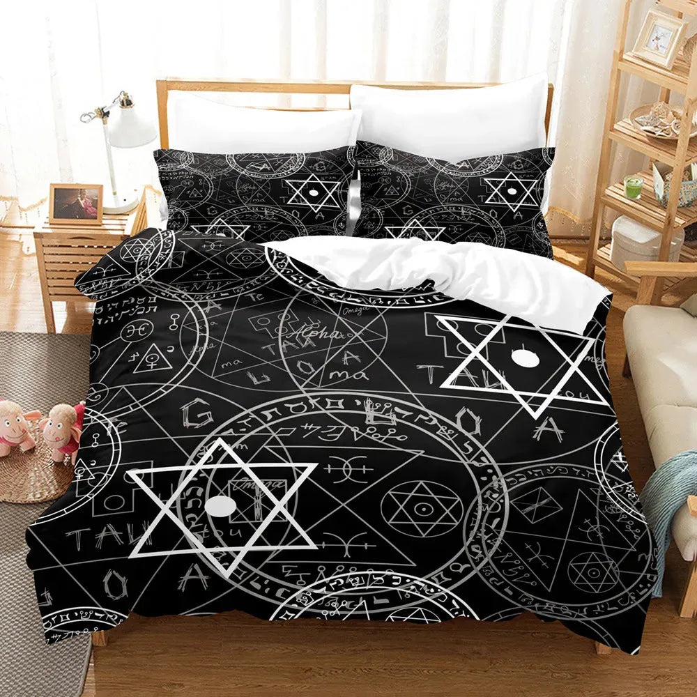 Vegvisir Runes Duvet Cover Set, Viking Symbols Bedding Set Celtic Quilt Cover Microfiber Scandinavian Runes Comforter Cover King