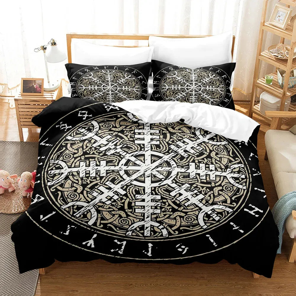 Vegvisir Runes Duvet Cover Set, Viking Symbols Bedding Set Celtic Quilt Cover Microfiber Scandinavian Runes Comforter Cover King