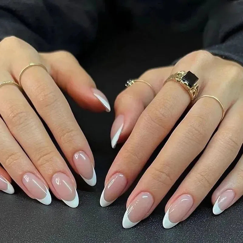 Almond Glitter Press On Nails French Black Butterfly Fake Nails with Rhinestone Glossy Reusable False Nails With Jelly Tabs