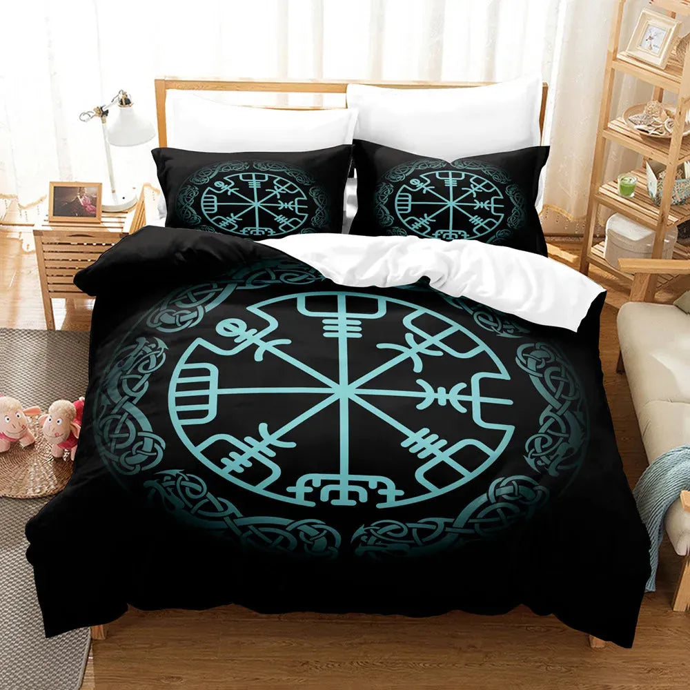 Vegvisir Runes Duvet Cover Set, Viking Symbols Bedding Set Celtic Quilt Cover Microfiber Scandinavian Runes Comforter Cover King