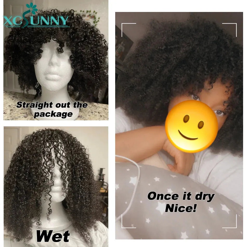 Afro Kinky Curly Wig With Bangs Full Machine Made Scalp Top Wig 200 Density Brazilian Short Curly Bang Wig Human Hair Xcsunny