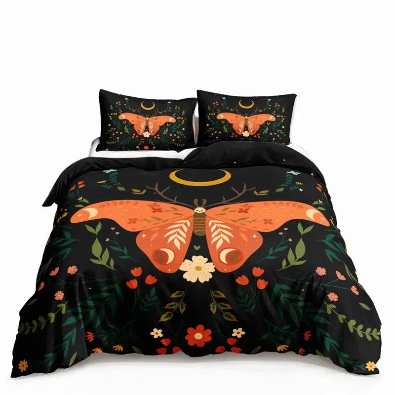Butterfly And Death Moth Bedding Set For Girls Gothic Skull Boho Comforter Cover Decor Bedroom Sun and Moon Pattern Duvet Cover