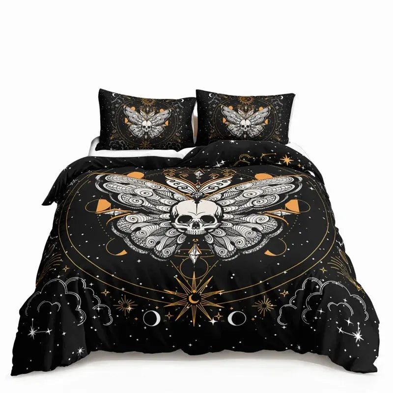 Butterfly And Death Moth Bedding Set For Girls Gothic Skull Boho Comforter Cover Decor Bedroom Sun and Moon Pattern Duvet Cover