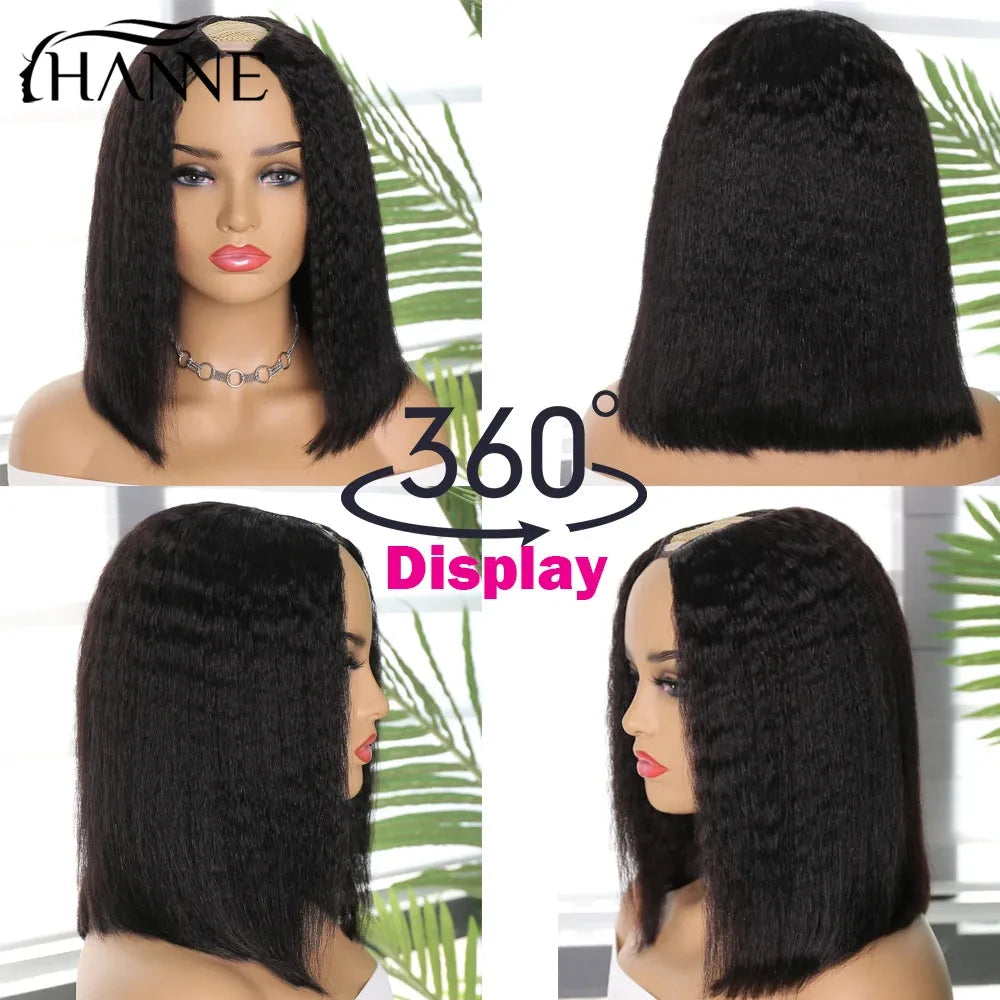 Hanne Short Bob Human Wig Kinky Straight V Part Wig Human Hair Brazilian Bob Hair Wigs Gluless Yaki Straight Bob V U Part Wig