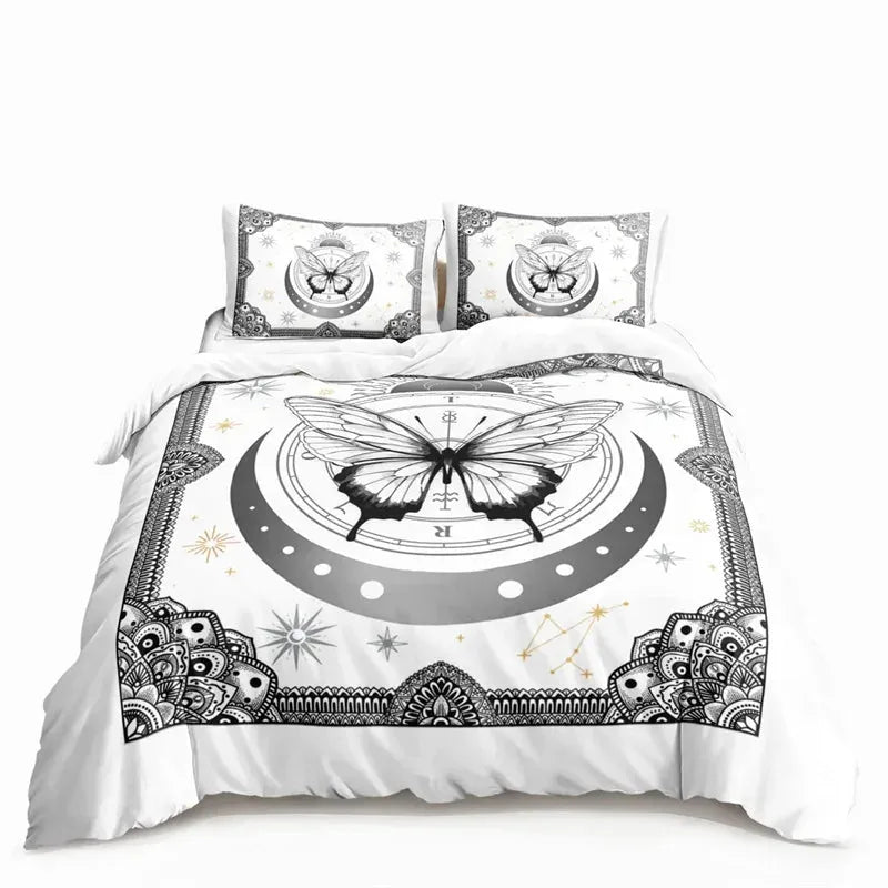Butterfly And Death Moth Bedding Set For Girls Gothic Skull Boho Comforter Cover Decor Bedroom Sun and Moon Pattern Duvet Cover