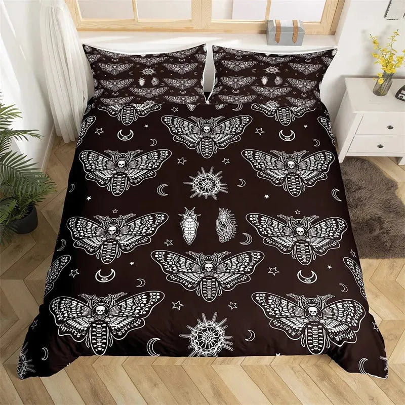Butterfly And Death Moth Bedding Set For Girls Gothic Skull Boho Comforter Cover Decor Bedroom Sun and Moon Pattern Duvet Cover