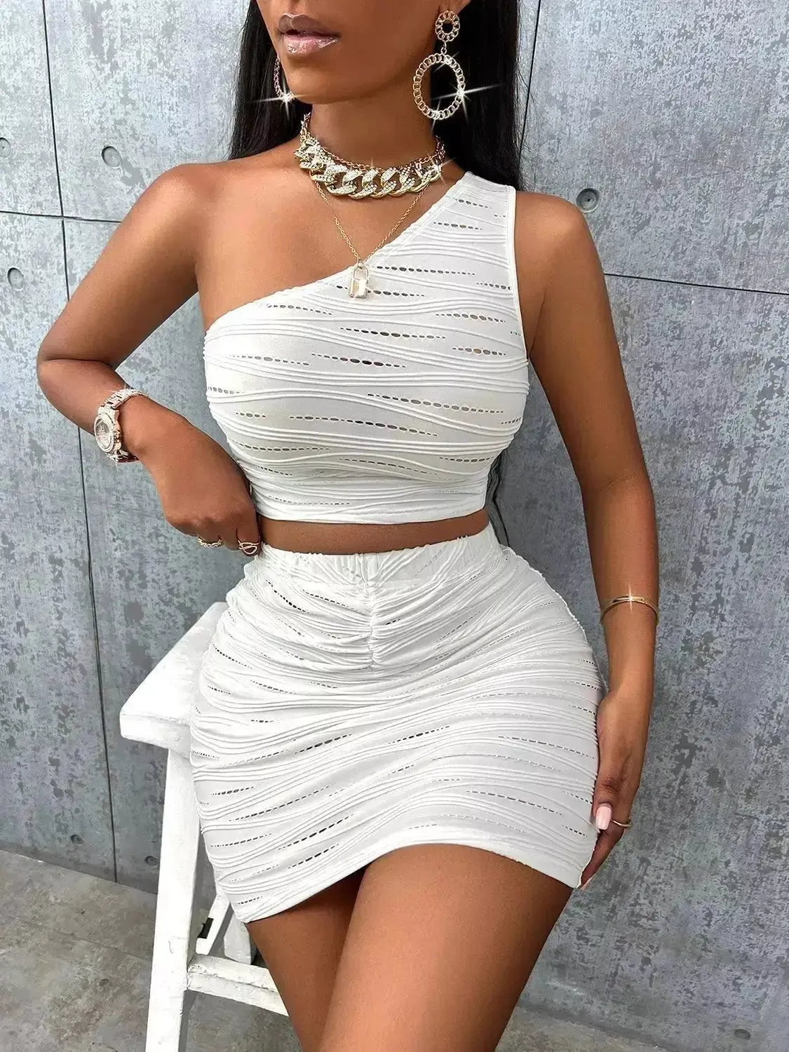 Asymmetrical Neck Tank Top and Skirt Set - Godiva Oya Bey
