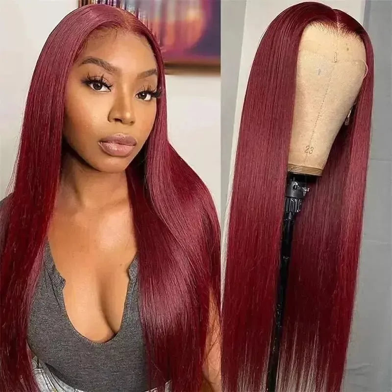 Burgundy 99J Straight hair front lace wig real hair wig 13x4 front lace wig wine red wig transparent lace wig female real hair - Godiva Oya Bey