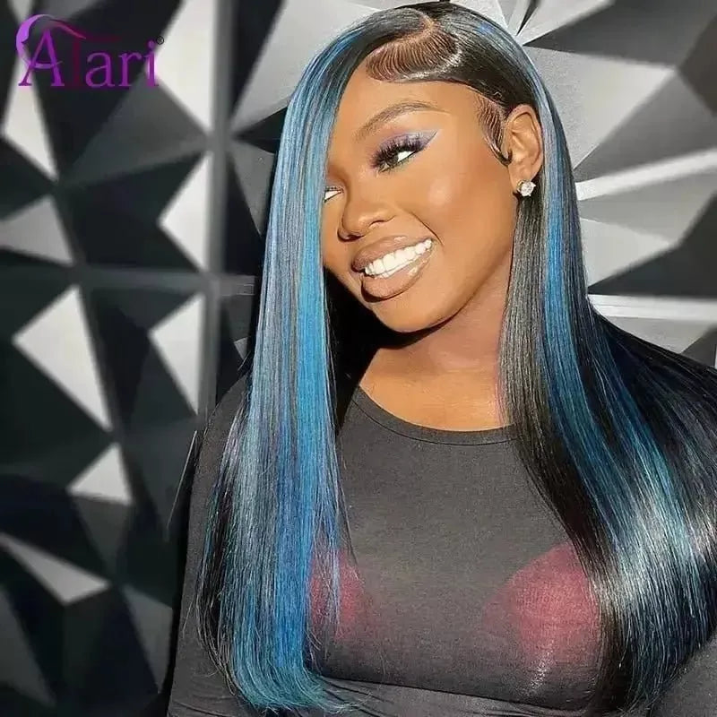 Highlight Blue 13x4 Lace Frontal Wig Brazilian Straight Human Hair Wig Transparent Lace Wig 5x5 Closure Lace Wig with Baby Hair - Godiva Oya Bey