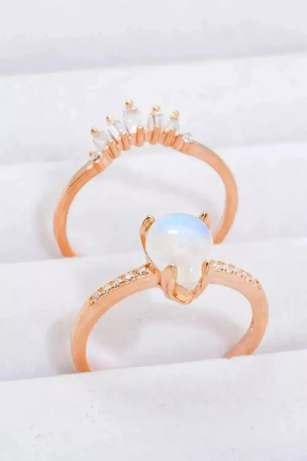 Natural Moonstone and Zircon 18K Rose Gold-Plated Two-Piece Ring Set - Godiva Oya Bey