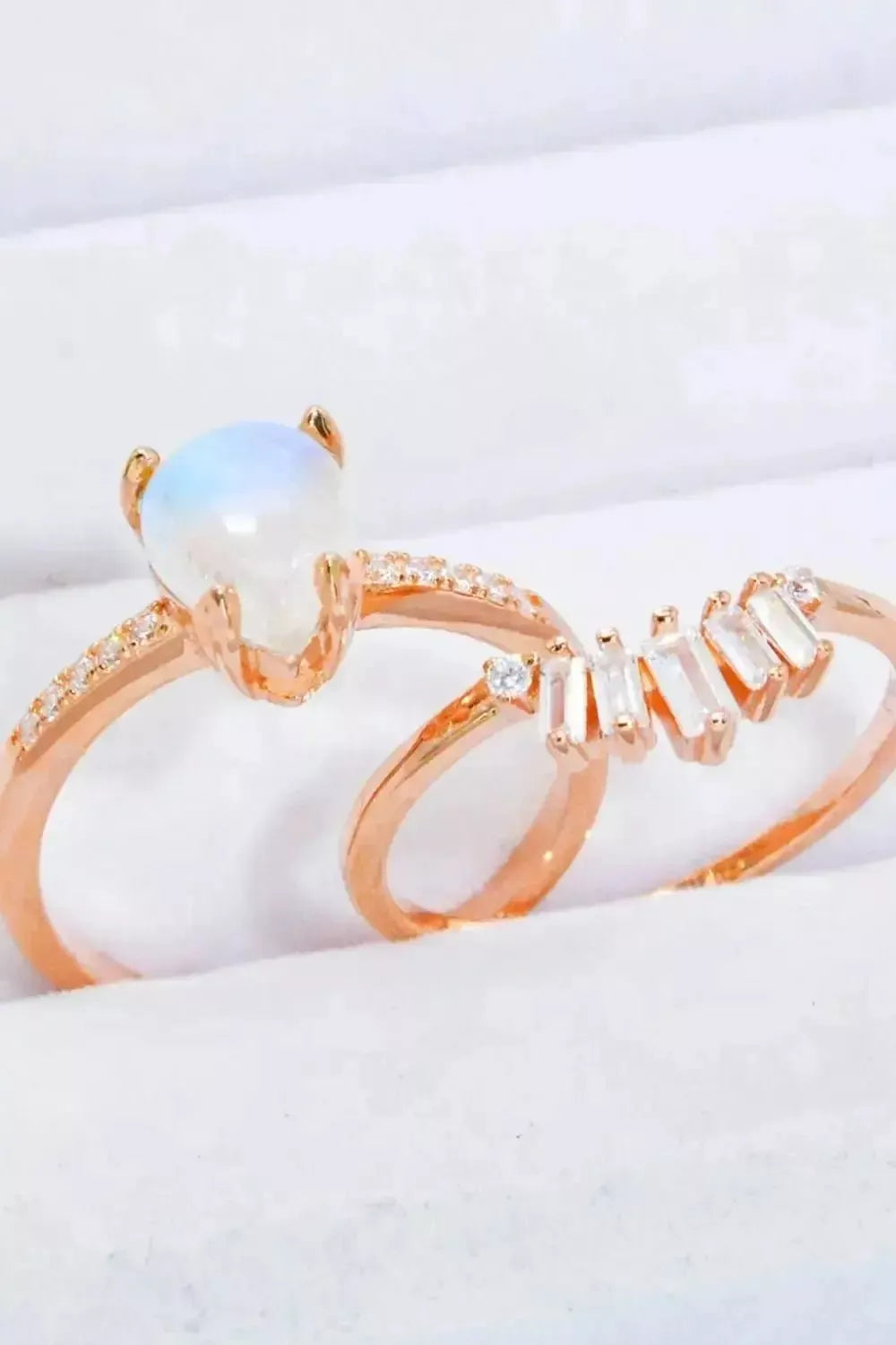 Natural Moonstone and Zircon 18K Rose Gold-Plated Two-Piece Ring Set - Godiva Oya Bey