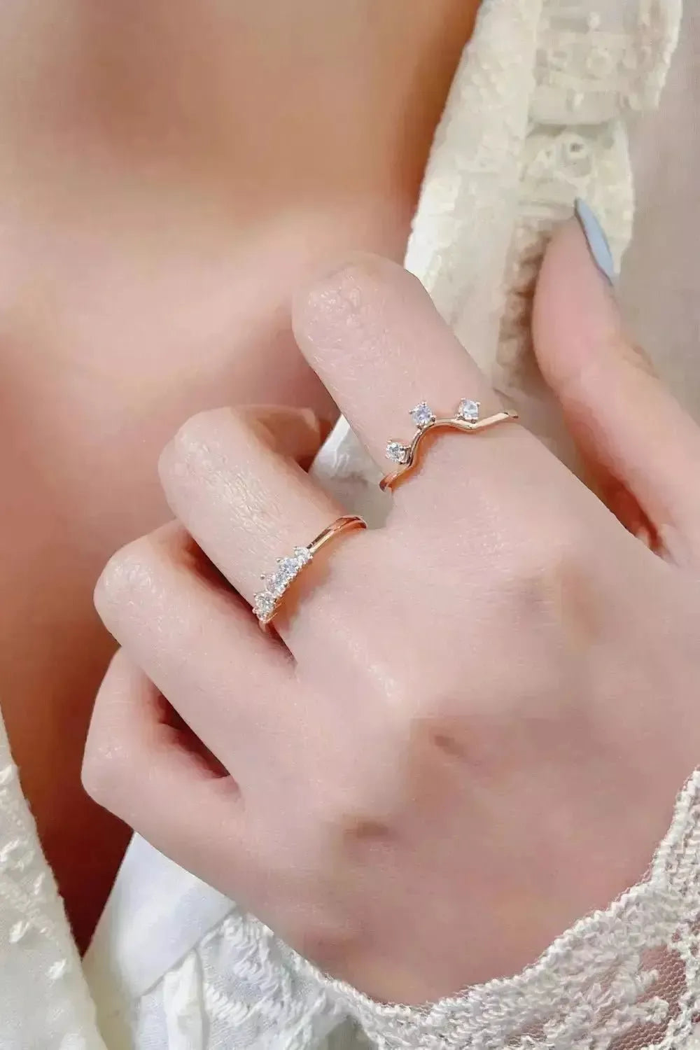 Natural Moonstone and Zircon Three-Piece Ring Set - Godiva Oya Bey