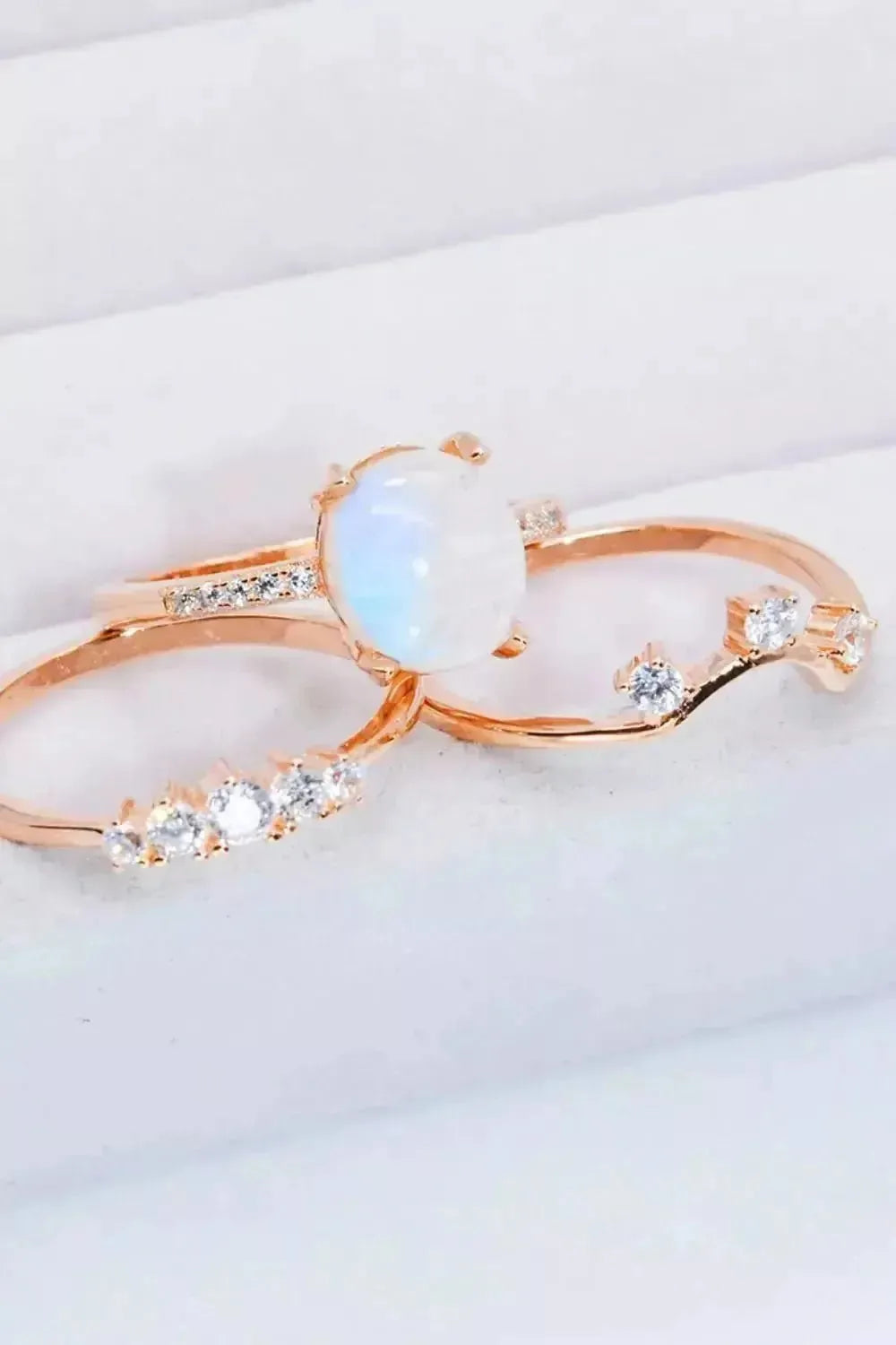 Natural Moonstone and Zircon Three-Piece Ring Set - Godiva Oya Bey