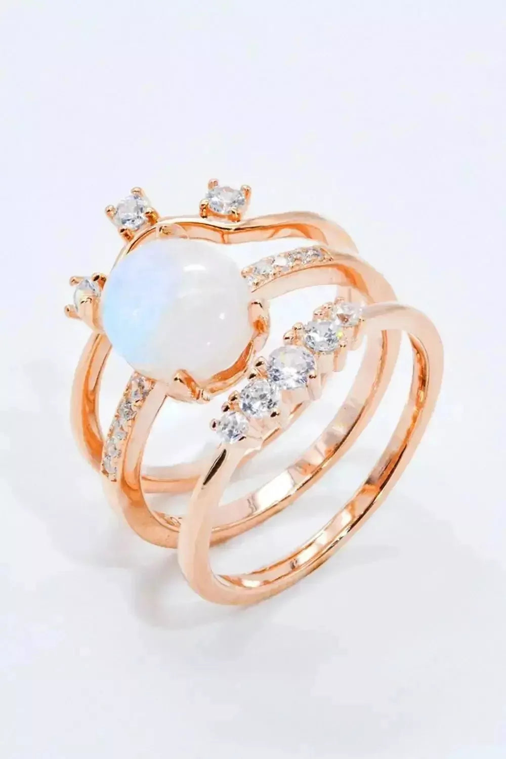 Natural Moonstone and Zircon Three-Piece Ring Set - Godiva Oya Bey