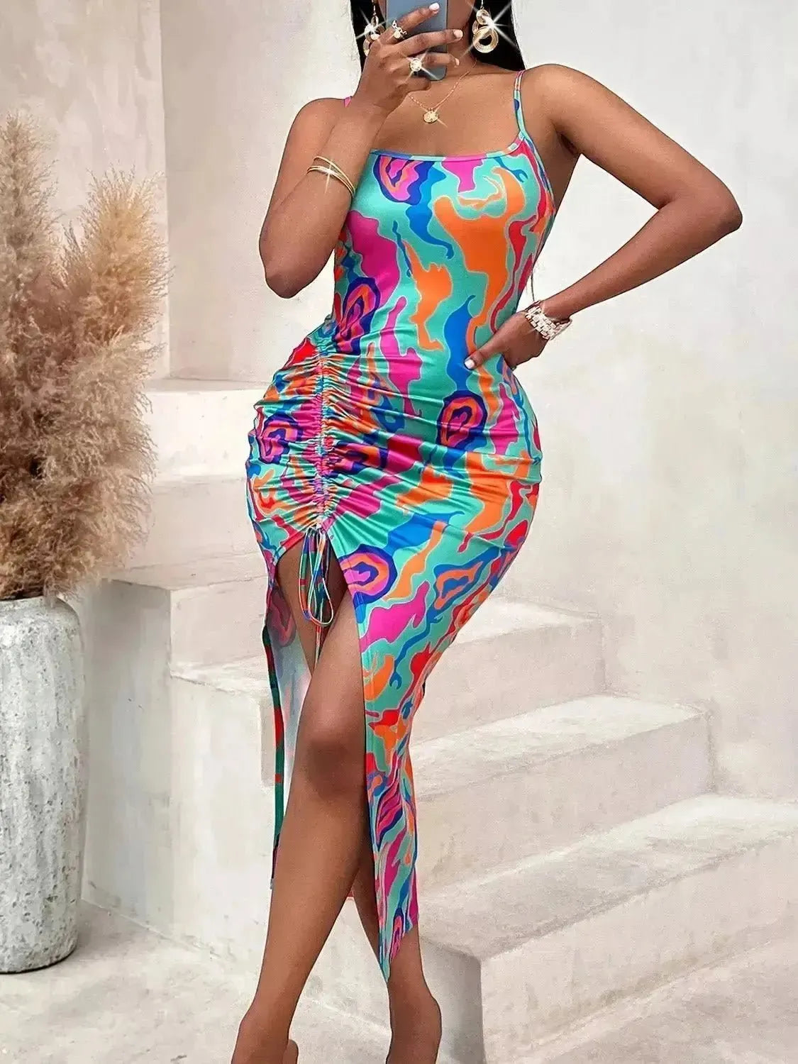 Printed Sleeveless Bodyline Midi Dress - Godiva Oya Bey