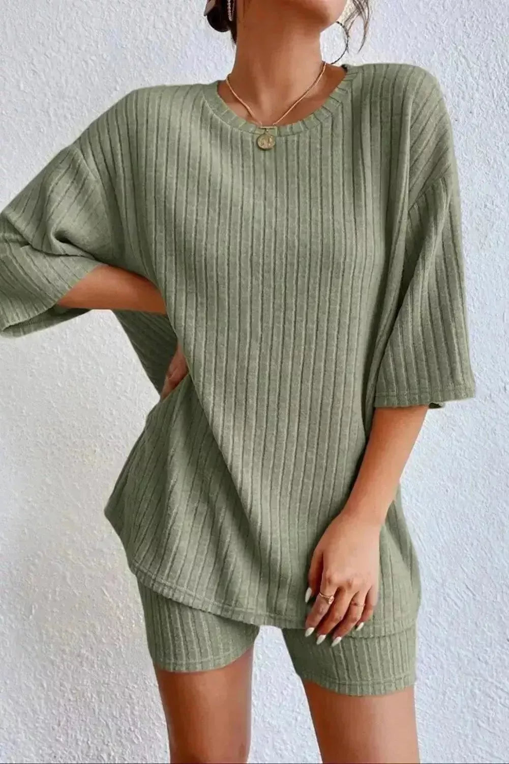 Round Neck Ribbed Top and Shorts Lounge Set - Godiva Oya Bey