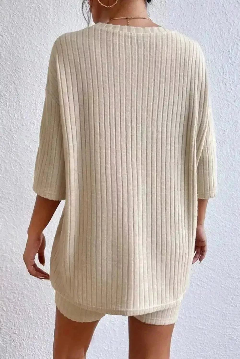 Round Neck Ribbed Top and Shorts Lounge Set - Godiva Oya Bey