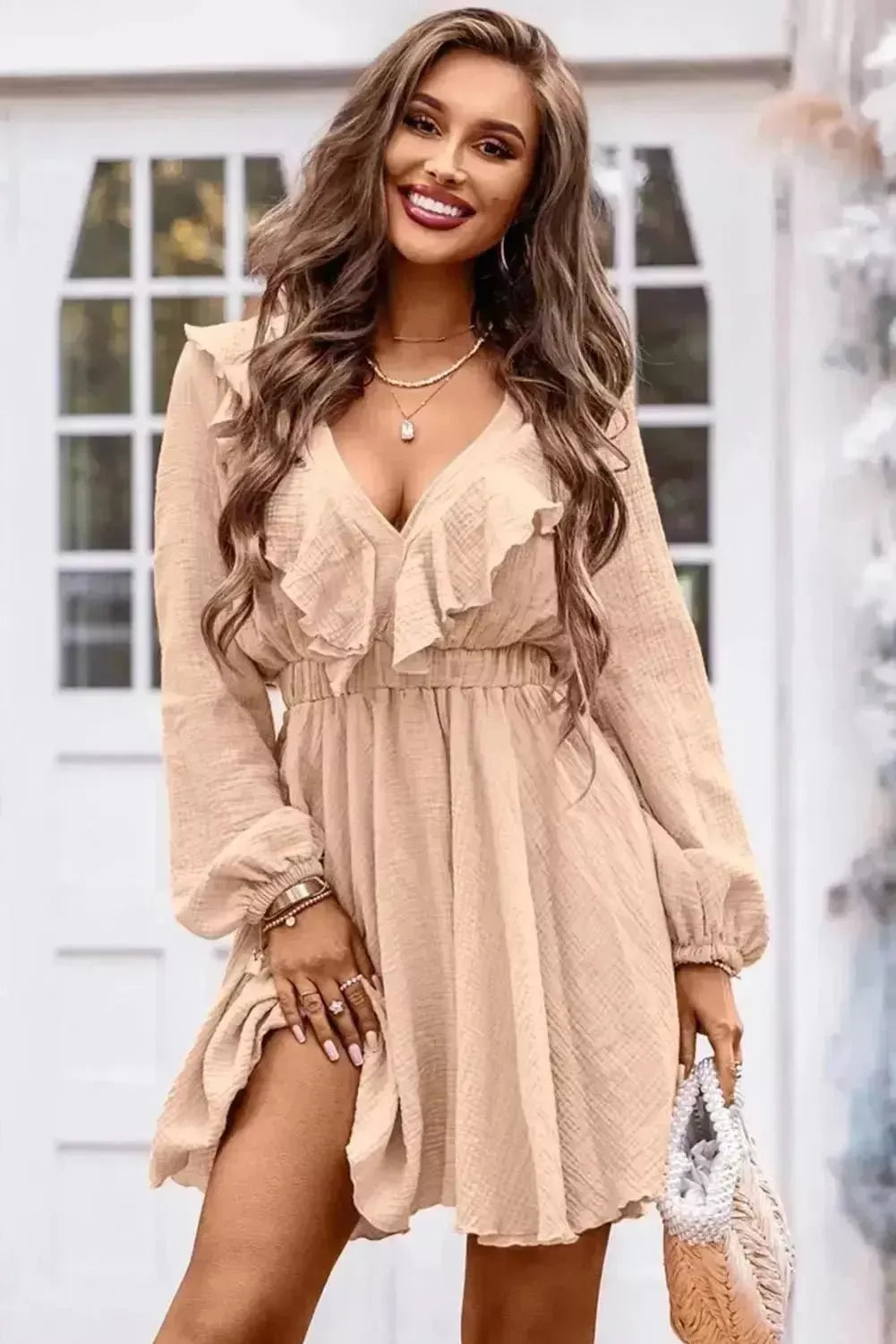 Ruffle Trim V-Neck Long Sleeve Mini Dress - Godiva Oya Bey