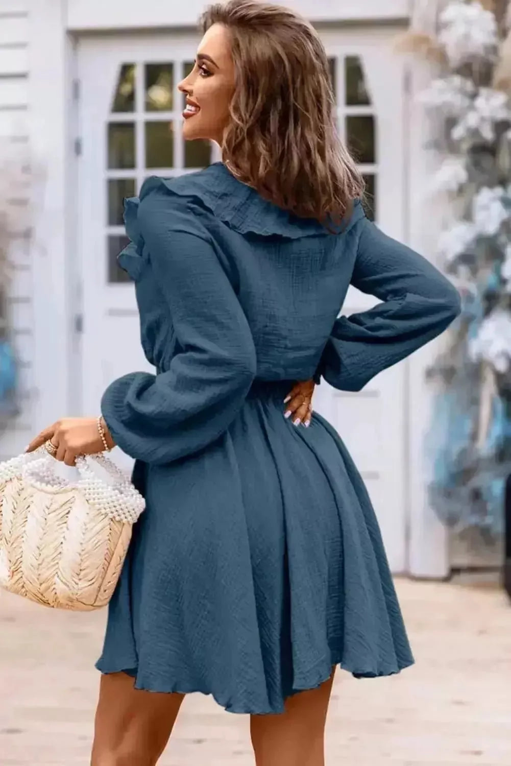 Ruffle Trim V-Neck Long Sleeve Mini Dress - Godiva Oya Bey