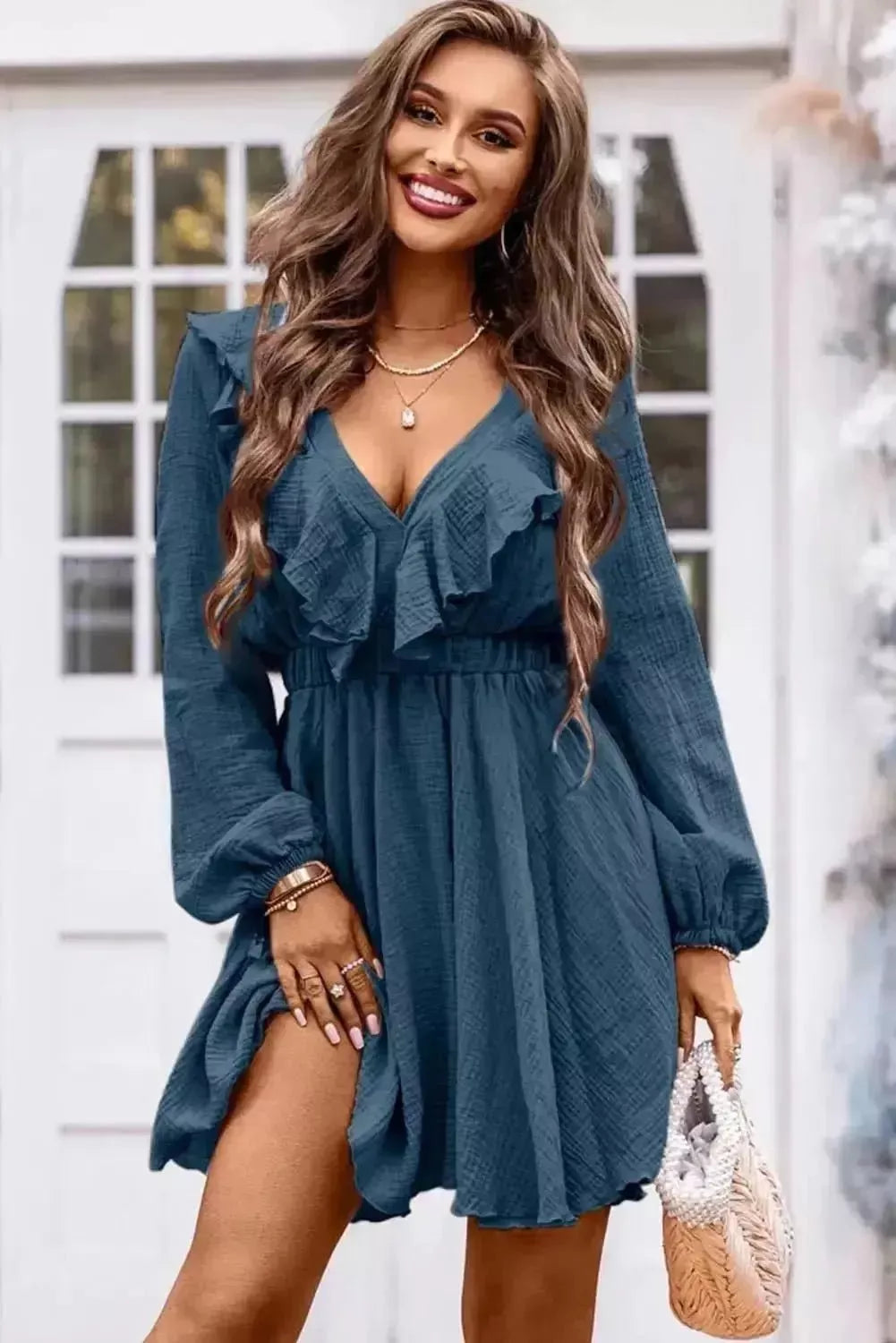Ruffle Trim V-Neck Long Sleeve Mini Dress - Godiva Oya Bey