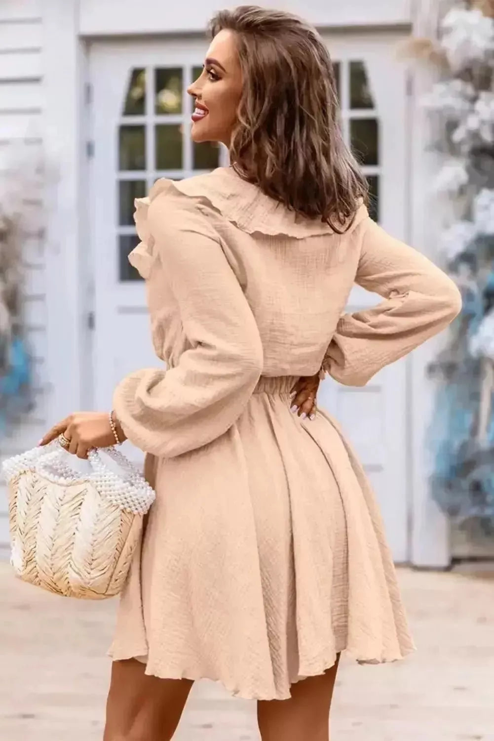 Ruffle Trim V-Neck Long Sleeve Mini Dress - Godiva Oya Bey