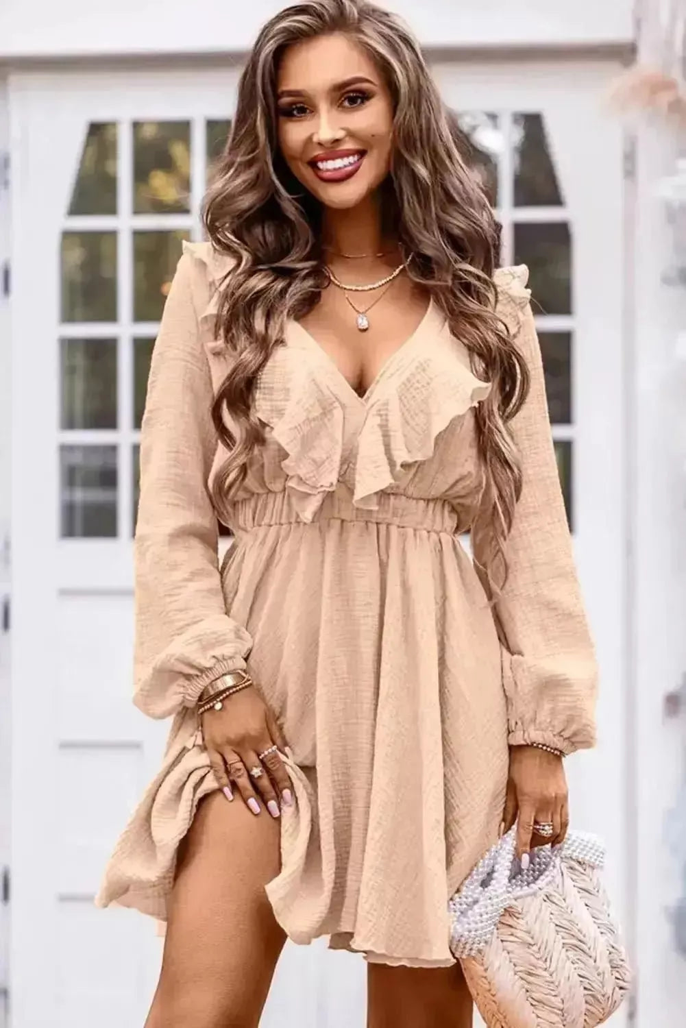 Ruffle Trim V-Neck Long Sleeve Mini Dress - Godiva Oya Bey