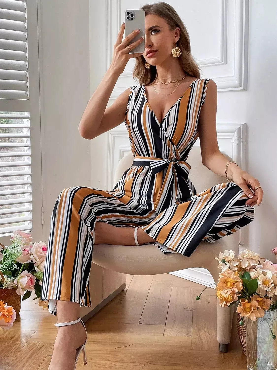Striped Surplice Neck Sleeveless Wide Leg Jumpsuit - Godiva Oya Bey