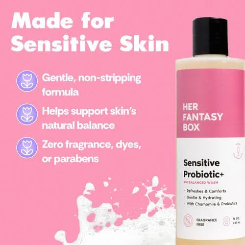 Her Fantasy Box | Sensitive Probiotic+ Gentle Cleanser – Fragrance-Free, pH Balanced Body Wash with Chamomile & Probiotic Lysates, Vegan & Cruelty Free, 8 oz