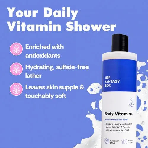 Her Fantasy Box | Body Vitamins Moisturizing Body Wash – Multi-Vitamin Cleanser with Vitamins A, B6, C & E, Hydrating & pH Balanced, Vegan & Cruelty Free, 8 oz