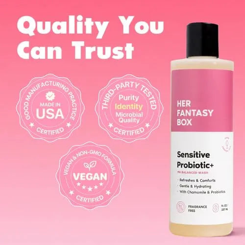 Her Fantasy Box | Sensitive Probiotic+ Gentle Cleanser – Fragrance-Free, pH Balanced Body Wash with Chamomile & Probiotic Lysates, Vegan & Cruelty Free, 8 oz
