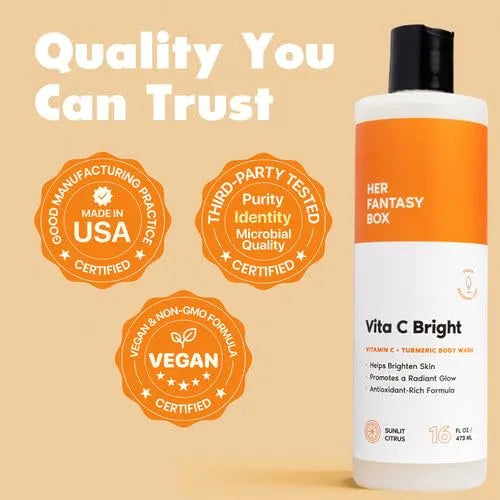 Her Fantasy Box | Vita C Bright Turmeric Body Wash – Antioxidant‐Rich Citrus Cleanser with Vitamin C & Turmeric for Radiant, Even-Looking Skin, Moisturizing Vegan Formula (8 oz)