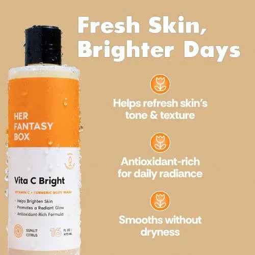 Her Fantasy Box | Vita C Bright Turmeric Body Wash – Antioxidant‐Rich Citrus Cleanser with Vitamin C & Turmeric for Radiant, Even-Looking Skin, Moisturizing Vegan Formula (8 oz)